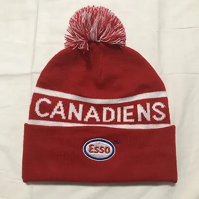 Vintage Montreal Canadiens ESSO Cuffed Pom Pom Beanie Hat OS Unisex Adult Red/Wh • $19