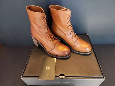 Frye Karen Combat Leather Lace-up Boots Cognac Brown Sz 8M NEW NIB • $175