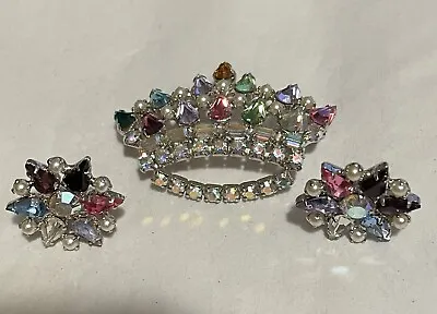B. David Crown Crystal Pearl Brooch & Earrings Set Vintage Excellent • $69