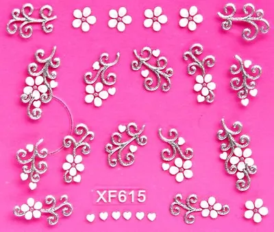 Silver White Tips Bows Flowers 3D Nail Art Stickers UV Acrylic Decals Decoration • $2.79