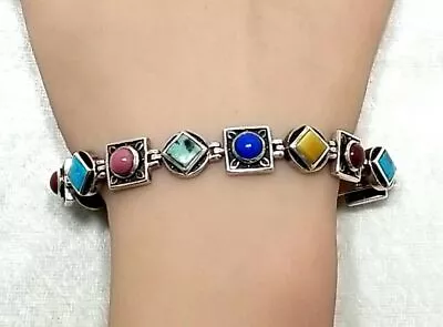 925 Sterling Silver Multi-Gemstones 7.75  Bracelet 31.3 Grams • $69