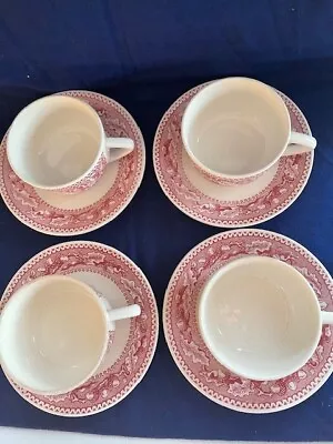 Vintage Royal (USA) Ironstone  Memory Lane  4 Imperfect Cup/Saucer Sets Pink Red • $21.99