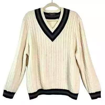 Vtg Brooks Brothers Mens Wool Cable Knit Tennis Sweater Sz L V-Neck Cricket 80s • $74.98