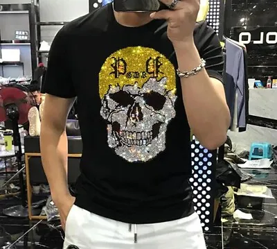 New Men Luxury Rhinestones Gothic Fashion Skull Black White T-Shirt High Quality • $39.90