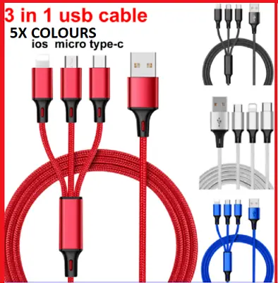 Multiple 3 In 1 USB Cable Phone Charger With Micro USB Type C 8-Pin Connector UK • £2.55