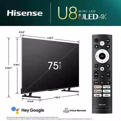 Hisense 75  Class U8 Series Mini-LED ULED 4K UHD Google Smart TV (75U8K) - QLED • $815