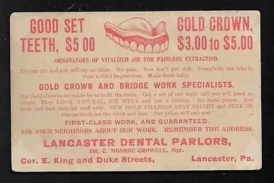 1880's Lancaster PA - Lancaster Dental Parlors Advertising Card • $3.25