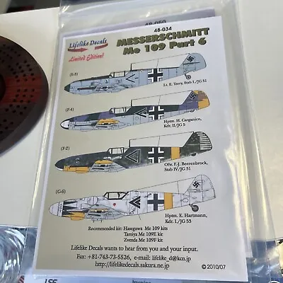 1/48 Lifelike Decals #48034 Messerschmitt Me109 Part 6 • $17.99