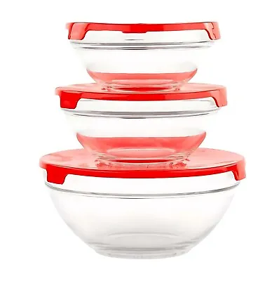 3pcs Glass Mixing Bowl Food Storage Containers Set With Lid 9/10.5/12 Cm Boxed • £11.99