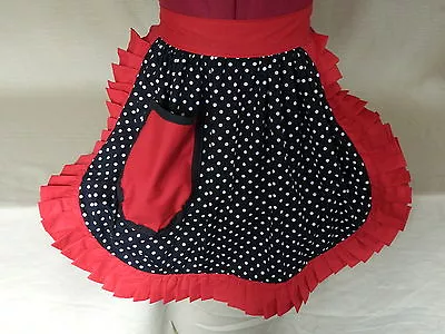 RETRO VINTAGE 50s STYLE HALF APRON / PINNY - BLACK & WHITE With RED TRIM • £19.99