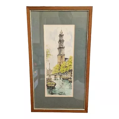 Antique Hand Colored Etching Signed Wester Tower Amsterdam Boat Canal Westerkerk • £34.63