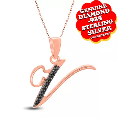 14K Rose Gold Plated Black Natural Diamond Accent Initial  V  Pendant With Chain • $139.33