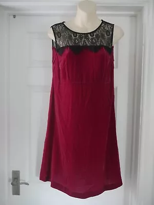 M&S Velour Dress Lace Trim Berry Red Crushed Velvet Evening Party Christmas Sz10 • $27.78