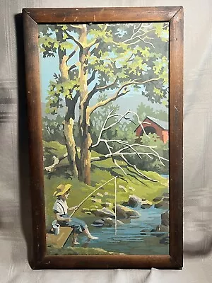 Vintage Framed Color By Number Country Scene Boy Fishing 19x11 • $34