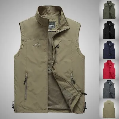 Mens With Pockets Stand Collar Vest Men Outdoor Plain Zipper Jacket Casual《 • $8.76