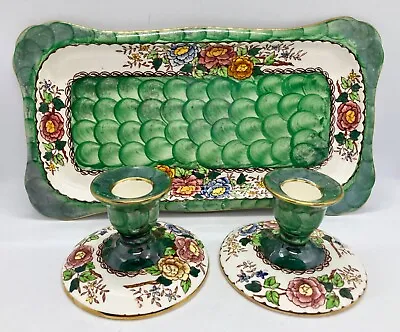 Maling Newcastle Pottery Long Dish & Candle Holders - Peony Rose Green C1955 • £24.99