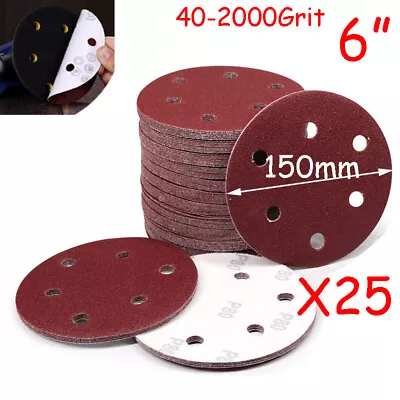 150mm 6 Inch Sanding Discs 6 Hole Sandpaper 40-1000 Grit Orbital Sander Pads 25X • $16.96