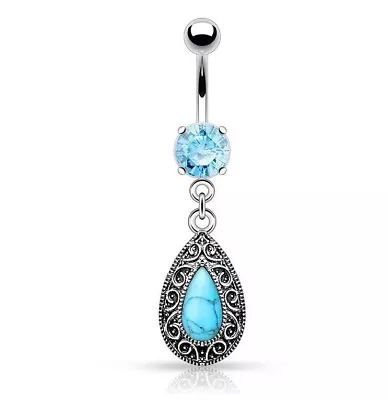 Vintage Turquoise Stone Centered  CZ Tear Drop Dangle Belly Button Ring Piercing • $8.95