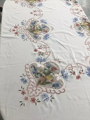 $37.49 • Buy Tablecloth Cream Floral Applique Cutwork Embroidery 108 X 70 Plus 12 Napkins