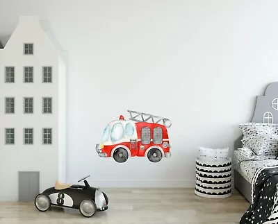 Watercolor Fire Truck Wall Decal Removable Fabric Vinyl Wall Sticker Boys Decor • $19.99