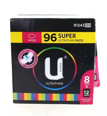 96 X Super Ultra Thins Pads With Wings U By Kotex 12 Pads X 8 Packs Rapid Dry  • $76.97