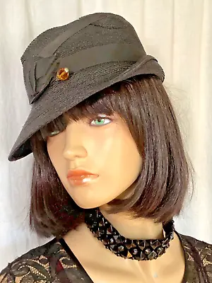 Vintage 30s 40s Black Straw Day Hat Betty Co-Ed Swing Art Deco Hats Of Youth Pin • $79.99