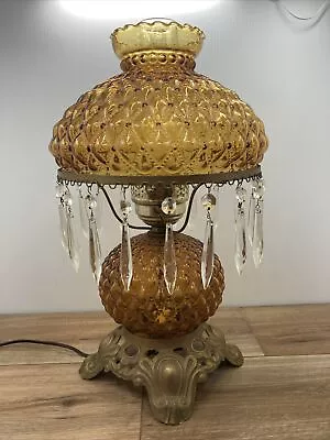 Vintage Amber Quilted Glass GWTW Hurricane Table Light Lamp Crystals 3 Way • $199