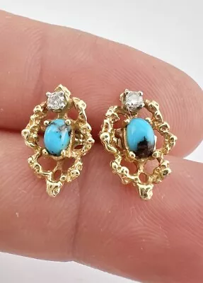 Vtg 14k Yellow Gold Blue Turquoise & Diamond Nugget Free Form Post Earrings • $225