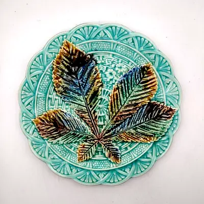 Antique 1926 Majolica Chestnut Leaf Blue Pottery Scalloped Luncheon Plate 8  • $169.99