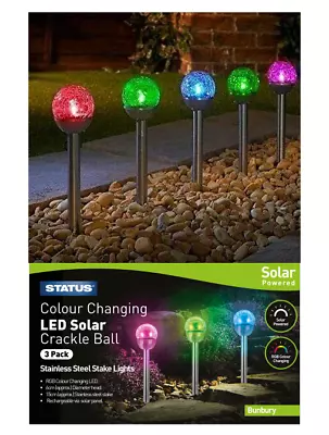 LED Solar Crackle Coloured Changing Glass Stake Lights Stainless Steel Garden • £11.89