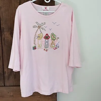 Quacker Factory 1X Pink Beaded Embellished Palm Tree Ladies Top Sequin Beachy • $18.39