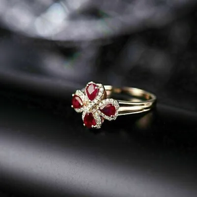 3CT Pear Simulated Ruby Women's Flower Wedding Band Ring Yellow Sterling Silver • $96.99