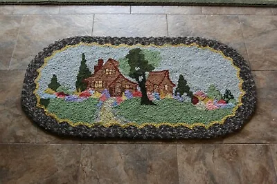 VINTAGE Hooked RUG Cottage Trees Oval Shape 43 In. X 23 In. • $235