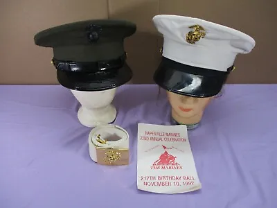 USMC Marine Military Dress Uniform Hats White & Olive With Belt Buckle & Booklet • $119.99