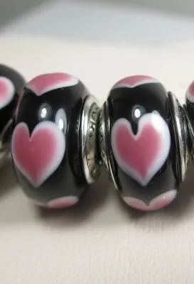 2 Dark Pink Hearts Love Pandora Black Murano Glass Bead Charms Easter Deal • $2.25