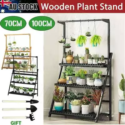 3 Tier 70/100CM Folding Wooden Hanging Pot Plant Stand Flower Shelf Storage Rack • $43.99