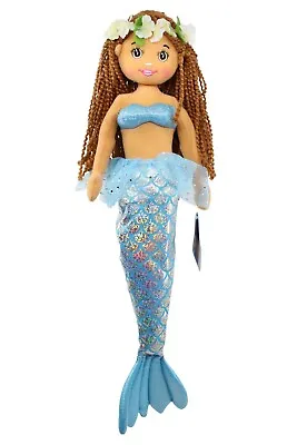 Hawaiian Mermaid Plush Doll - 18  Tall Blue Mermaid Tail Haku Lei Yarn Hair • $25.26