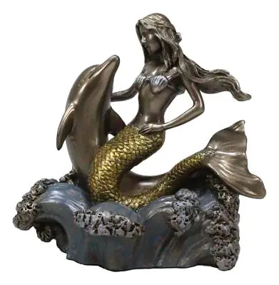 Ebros Mermaid Embracing Dolphin By Ocean Waves Statue 4.5 L Nautical Decor • $28.99