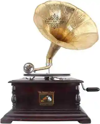 Vintage Nautical His Master's Voice Gramophone Wooden Brass Horn Gift Decorative • $294.77