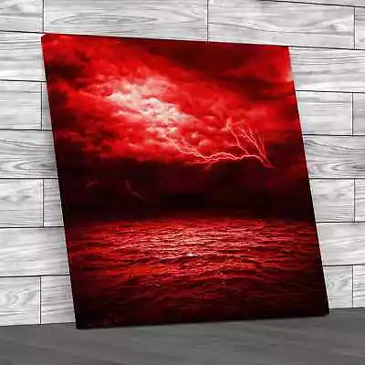 Lightning Rough Seascape Square Red Canvas Print Large Picture Wall Art • £39.95