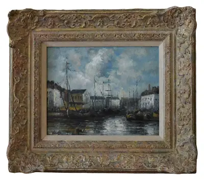 Beautiful Original Oil Painting Continental Harbour Scene 20th Century Fine Art • £199