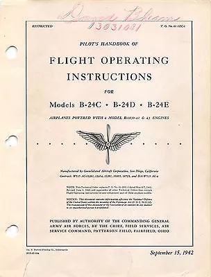 B-24C B-24D B-24E 1942 Flight Operating Instructions Flight Manual -CD- • $24.99