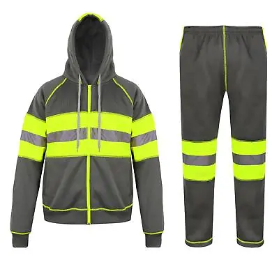 Mens Hi Viz Charcoal Tracksuit Safety Zipper Hoodie Trouser Workwear Jogging Set • $44.75