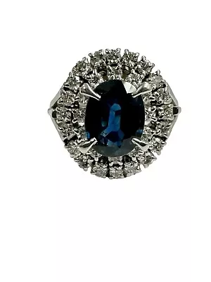 Vintage 2.04 Ctw Oval Blue Sapphire Round Diamond Double Halo Cocktail Ring PLAT • $1099.99