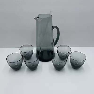 Vintage Morgantown Smoked Glass Barware Set 6 Glasses Pitcher Stir Mid Century • $40