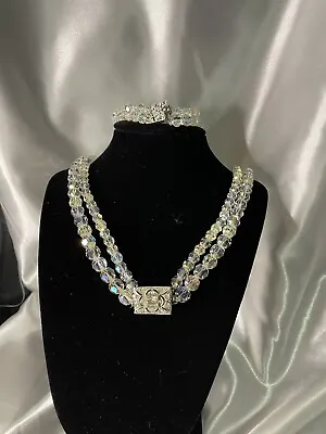 Vintage Double Strand Aurora Borealis Crystal Necklace 24”& 3 Strand Bracelet 8” • $15.70