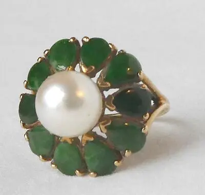 Vintage 14k Gold Jadeite Jade 8.3MM Akoya Pearl Flower Cocktail Ring Vibrant • $395