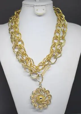 1980s Haute Couture Runway Gold Tone BELT Chain NECKLACE W/ SUN FLOWER Pendant • $65