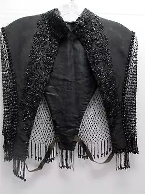 Antique Victorian Black Beaded Fringed Mourning Jacket Shawl Cape 1800s • $10