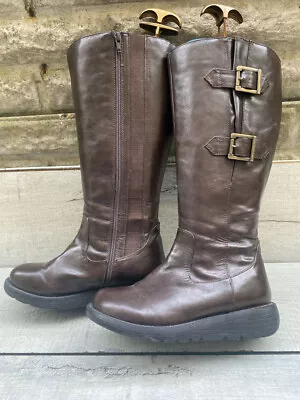 Heavenly Soles Brown Leather Knee High Low Wedge Boots Buckle Size 5EEE Wide Fit • £19.99